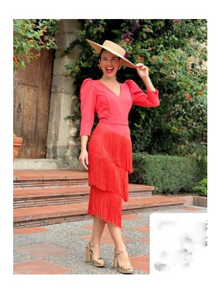 VESTIDO DE FIESTA CORAL FLECOS