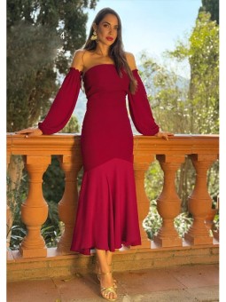 Vestido de Invitada de Boda Color Cereza | Elegante Escote Bardot y Falda Fluida