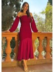 Vestido de Invitada de Boda Color Cereza | Elegante Escote Bardot y Falda Fluida