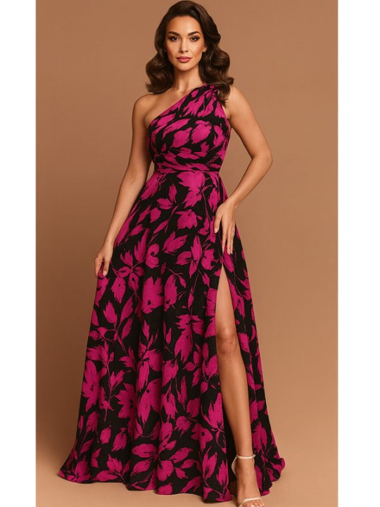 Vestido de Fiesta Largo Estampado Fucsia y Negro