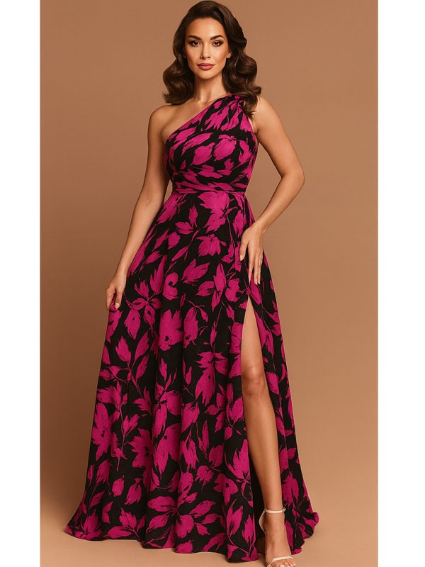 Vestido de Fiesta Largo Estampado Fucsia y Negro