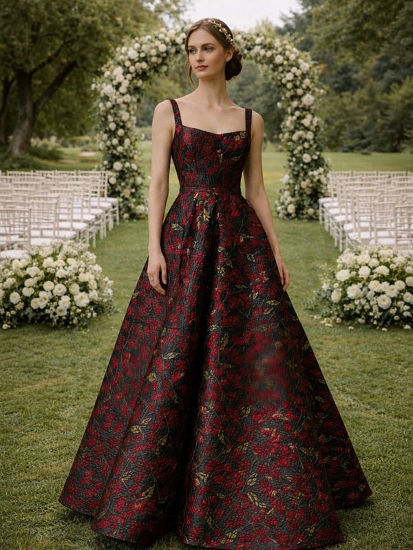 Vestido de Boda Floral Burdeos Elegante | Vestido Largo Invitada