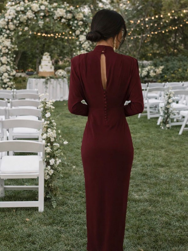 Vestido Midi Burdeos Elegante con Manga Larga y Drapeado | Moda para Bodas y Eventos