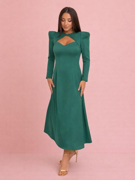 Vestido Largo Verde Esmeralda con Mangas Estructuradas y Escote Cut Out