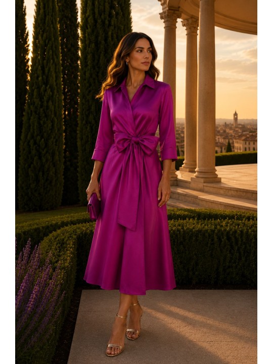 Vestido Fucsia Midi con Cinturón y Falda de Vuelo – Invitada de Boda