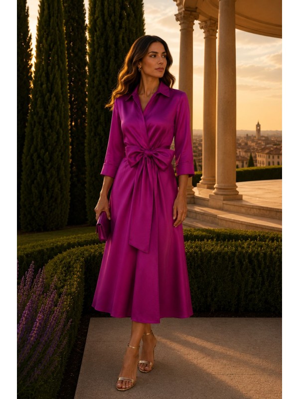 Vestido Fucsia Midi con Cinturón y Falda de Vuelo – Invitada de Boda