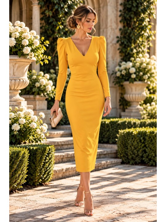 Vestido midi mostaza elegante con espalda descubierta para mujer