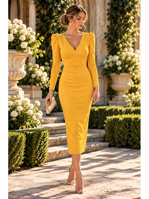 Vestido midi mostaza elegante con espalda descubierta para mujer