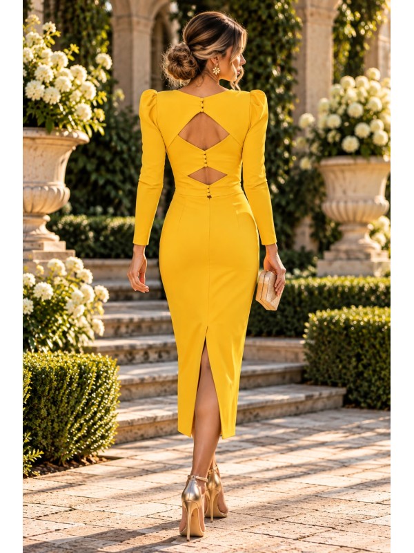 Vestido midi mostaza elegante con espalda descubierta para mujer