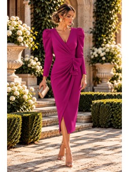 Vestido Azul Klein Mujer – Corte Midi, Manga Francesa y Diseño Fruncido Elegante