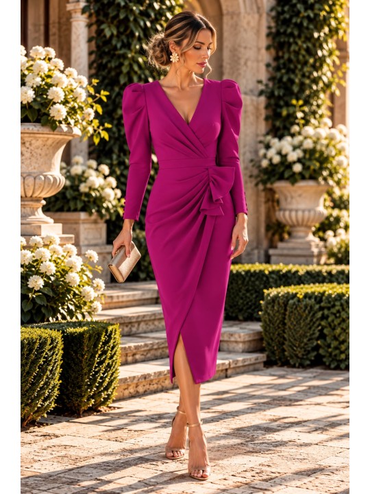 Vestido Azul Klein Mujer – Corte Midi, Manga Francesa y Diseño Fruncido Elegante