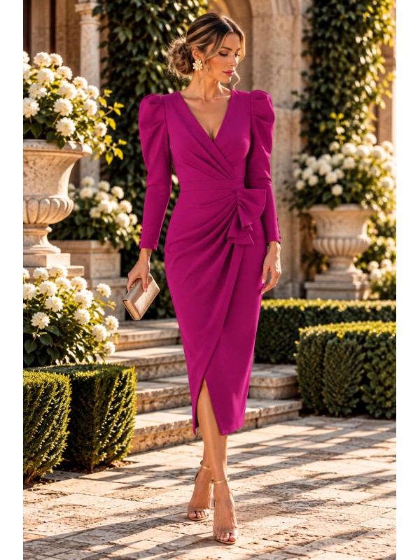 Vestido Azul Klein Mujer – Corte Midi, Manga Francesa y Diseño Fruncido Elegante