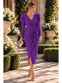 Vestido Azul Klein Mujer – Corte Midi, Manga Francesa y Diseño Fruncido Elegante