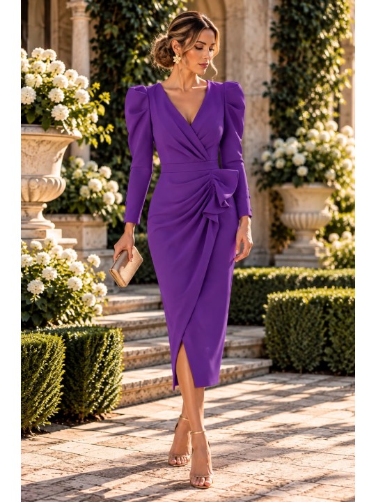 Vestido Azul Klein Mujer – Corte Midi, Manga Francesa y Diseño Fruncido Elegante
