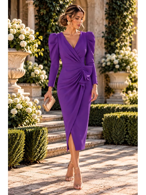 Vestido Azul Klein Mujer – Corte Midi, Manga Francesa y Diseño Fruncido Elegante
