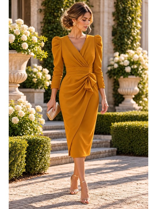 Vestido Azul Klein Mujer – Corte Midi, Manga Francesa y Diseño Fruncido Elegante