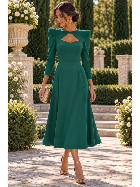 Vestido Largo Verde Esmeralda con Mangas Estructuradas y Escote Cut Out