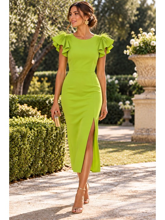 Vestido Midi con Abertura y Hombros con Plumas – Azul Klein, Buganvilla y Pistacho