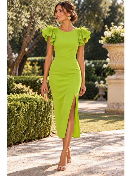 Vestido Midi con Abertura y Hombros con Plumas – Azul Klein, Buganvilla y Pistacho