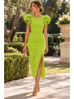 Vestido Midi con Abertura y Hombros con Plumas – Azul Klein, Buganvilla y Pistacho