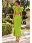 Vestido Midi con Abertura y Hombros con Plumas – Azul Klein, Buganvilla y Pistacho