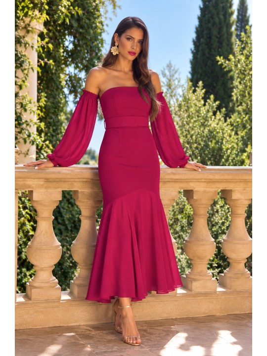 Vestido de Invitada de Boda Color Cereza | Elegante Escote Bardot y Falda Fluida