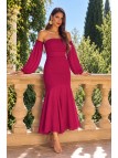 Vestido de Invitada de Boda Color Cereza | Elegante Escote Bardot y Falda Fluida