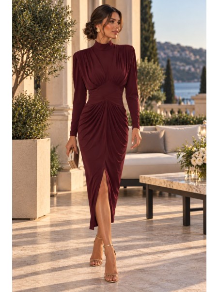 Vestido Midi Burdeos Elegante con Manga Larga y Drapeado | Moda para Bodas y Eventos