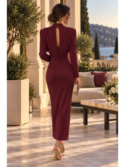 Vestido Midi Burdeos Elegante con Manga Larga y Drapeado | Moda para Bodas y Eventos